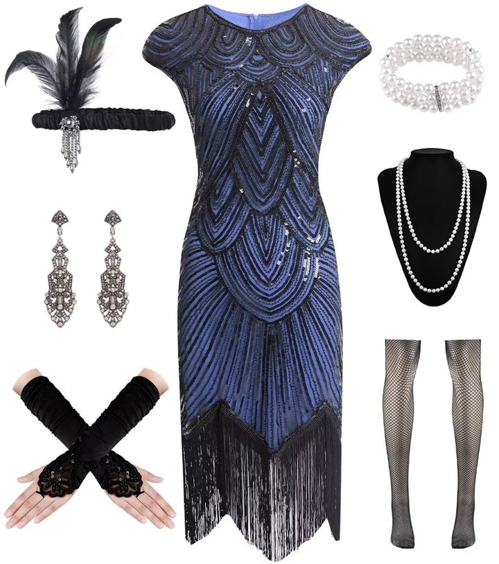 WILDPARTY 20er Jahre Kostüm Damen Charleston Kleid, Flapper Kleid mit Pailletten Perlen Fransen Netz