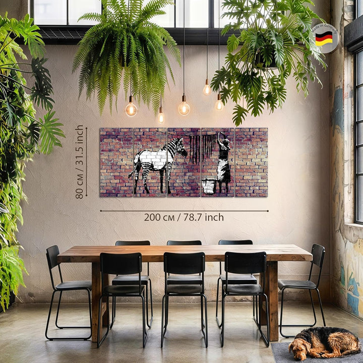 Runa Art Wandbild XXL Banksy Washing Zebra Loft Wohnzimmer 200 x 80 cm Braun 5 Teilig - Made in Germ