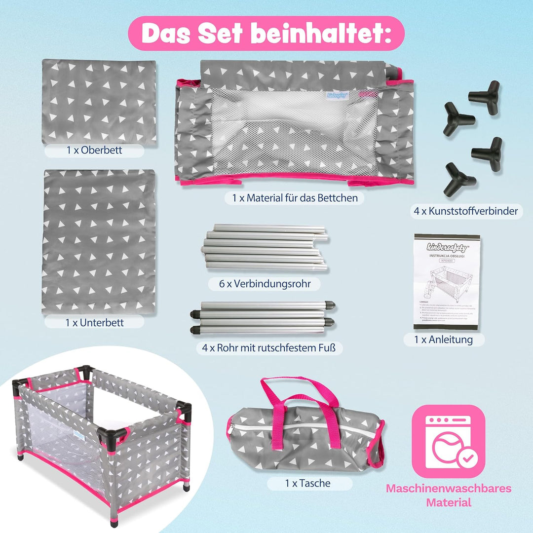 Kinderplay Puppenbett | Puppen Bett Spielzeug - Puppenreisebett für Baby Born | Baby Annabell Puppen