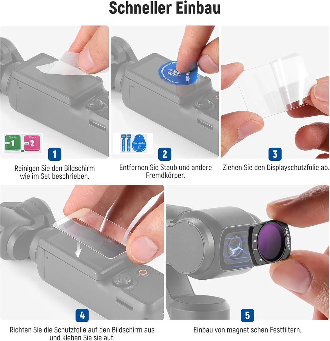 Neewer Variables ND2-ND32 & ND64-ND512 Kit kompatibel mit DJI Osmo Pocket 3 Creator Combo Zubehör, L