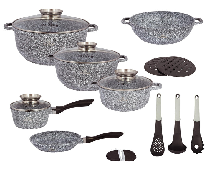 Töpfe &amp; Pfannen Set, 17-teilig, Marmor- &amp; Keramikbeschichtung, Grau
