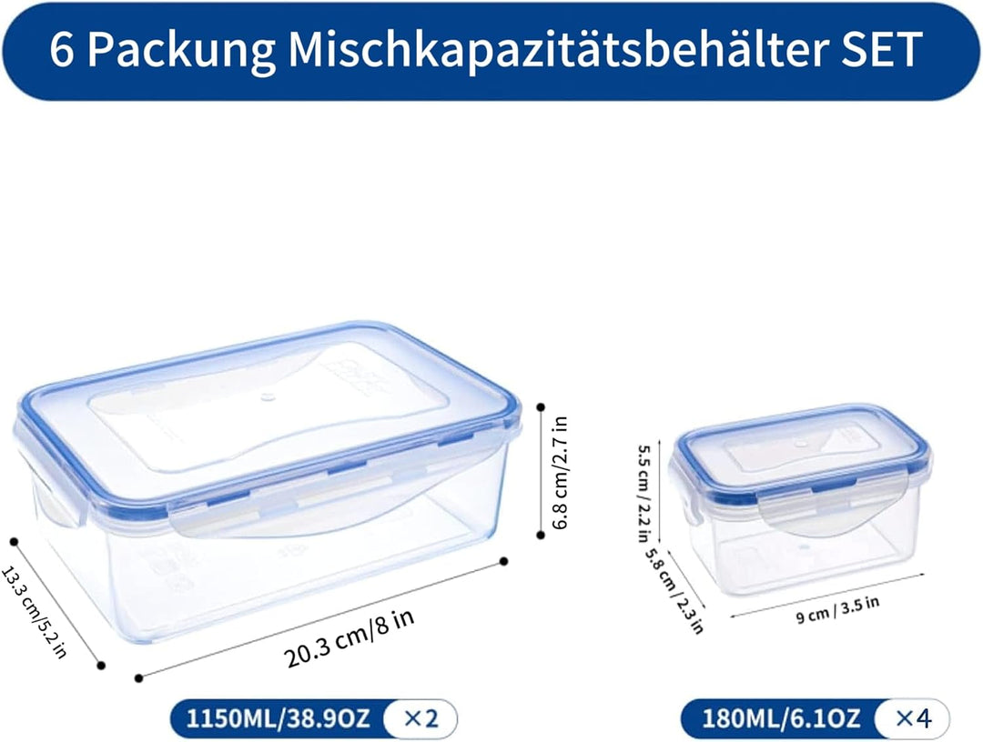 EASYLOCK 6PACK Plastik Frischhaltedosen Set mit Deckel (1150ML*2+180ML*4), Meal Prep Boxen, Aufbewah