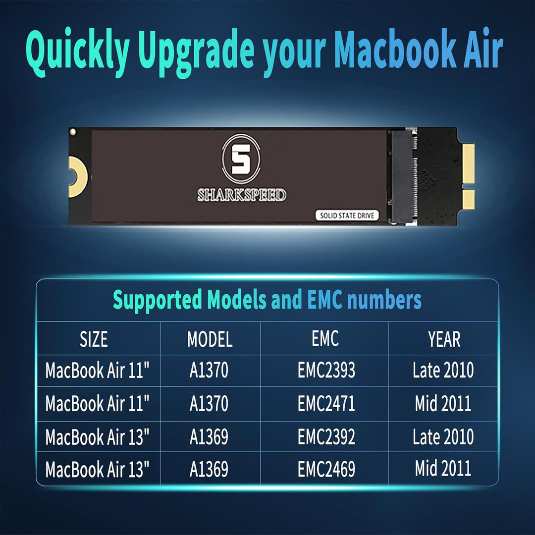 S SHARKSPEED 256GB SSD Upgrade für MacBook Air 2010-2011 A1369(EMC 2392/2469) A1370(EMC 2393/2471) (
