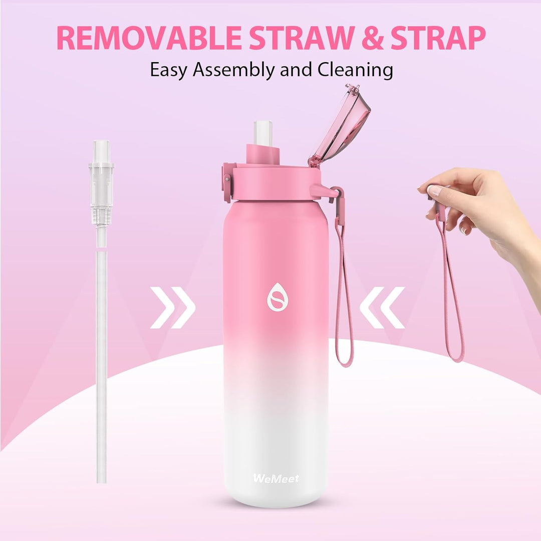 WEMEET 700ml Trinkflaschen mit Abnehmbarem Strohhalm, [18/10 Edelstahl] Wasserflasche mit Auslaufsic