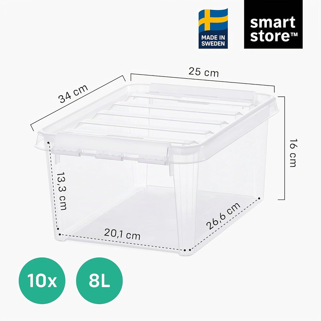 SmartStore 8 l, kleine Aufbewahrungsboxen aus Kunststoff mit Deckel, 10 Stück, transparent, stapelba