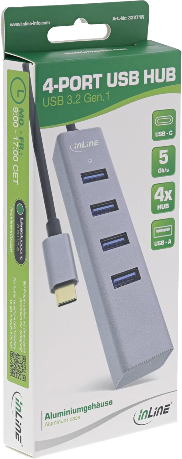 InLine® USB 3.2 USB-Typ C Multi Hub (4X USB-A 5Gb/s), OTG, Metallgehäuse