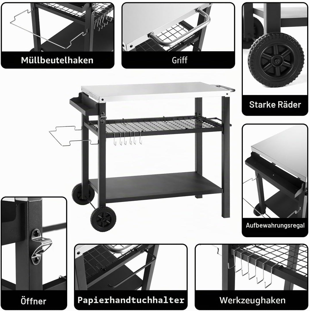 Kendane Grillwagen Edelstahl Grilltisch Outdoor Wetterfest Grill Beistelltisch Garten