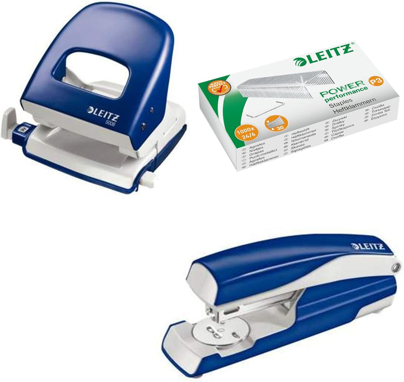 Leitz 5008 NeXXt Series Bürolocher, Metall, bis zu 30 Blatt / Kombi-Set mit Heftgerät + 1000 Klammer