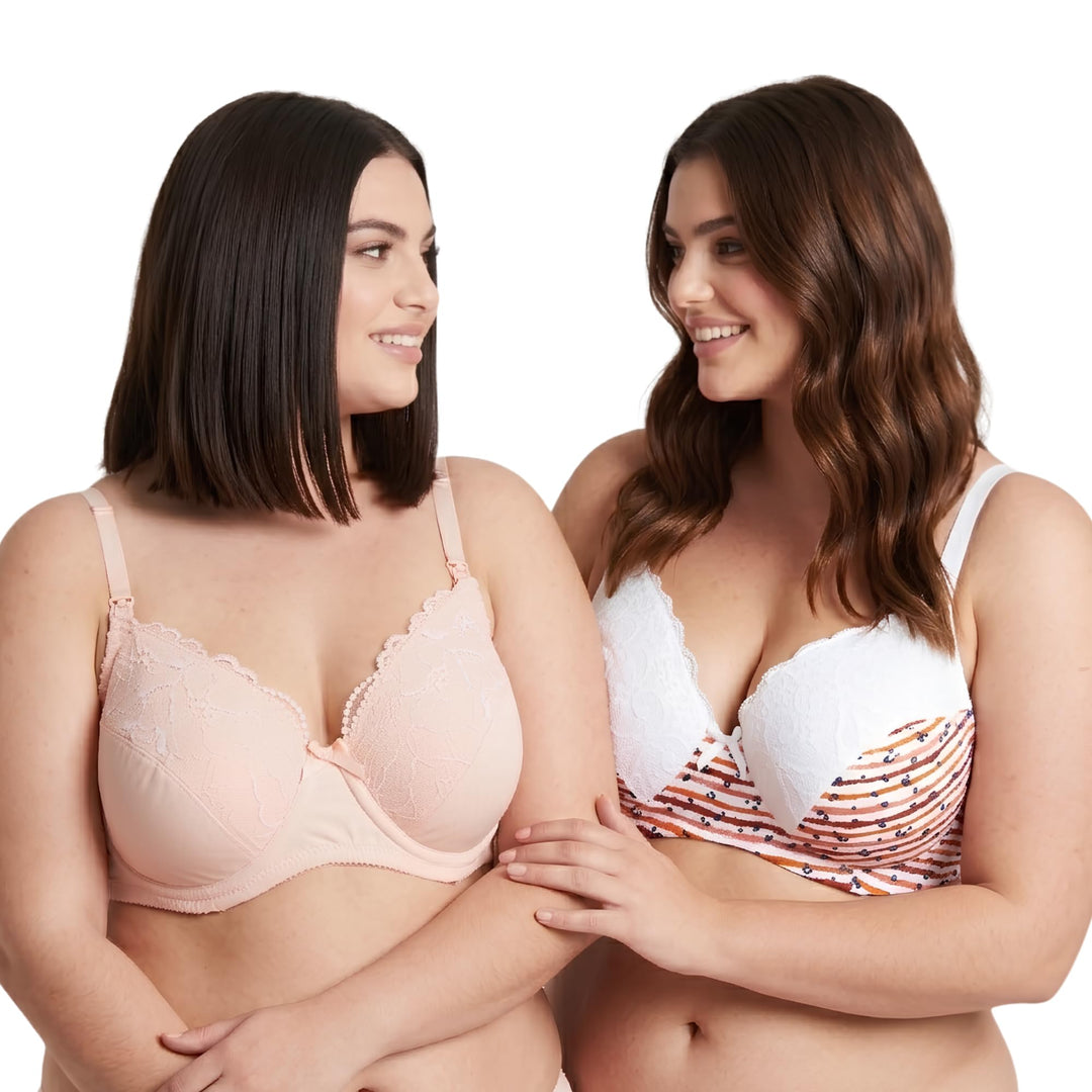 Curve Muse Übergrösse Still Baumwolle Ungefüttert Drahtloser BH Mit Spitzenbesatz 100D Mandel Druck