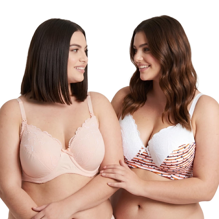 Curve Muse Übergrösse Still Baumwolle Ungefüttert Drahtloser BH Mit Spitzenbesatz 100D Mandel Druck