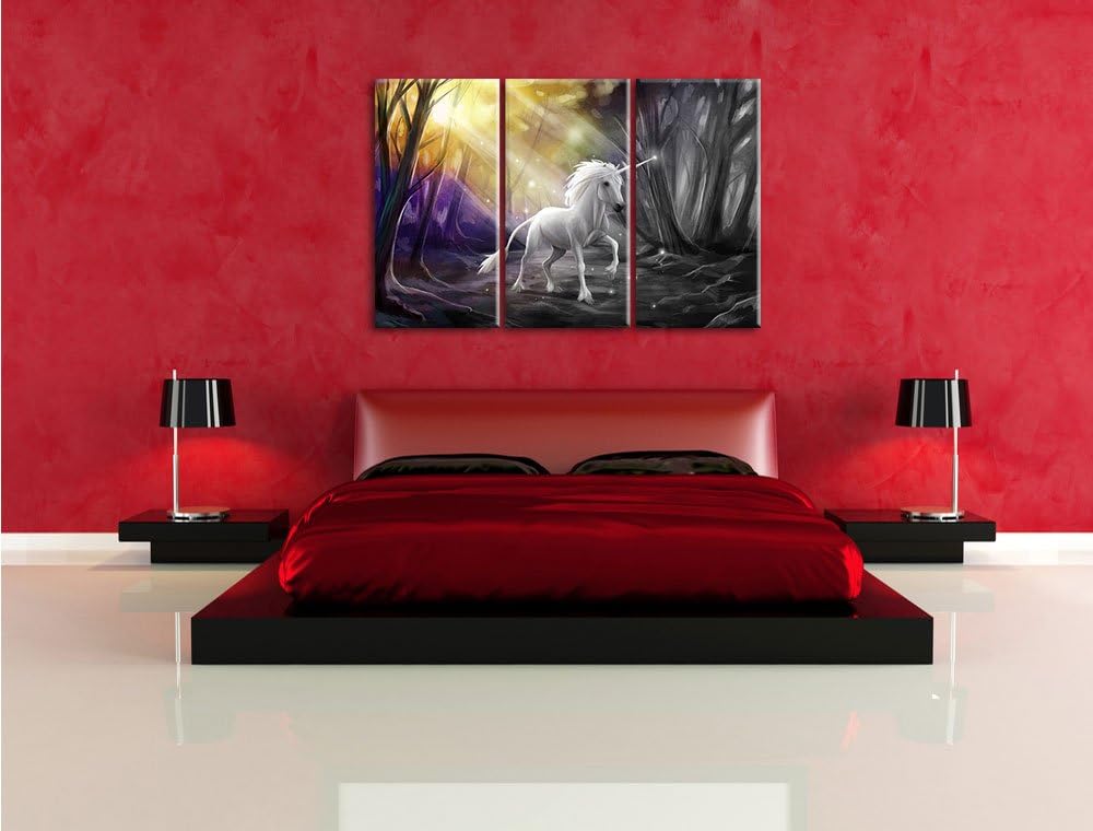 Pixxprint Einhorn im Märchenwald als Leinwandbild/Grösse: 3 Teilig (120x80 cm) cm/Wandbild/Kunstdruc