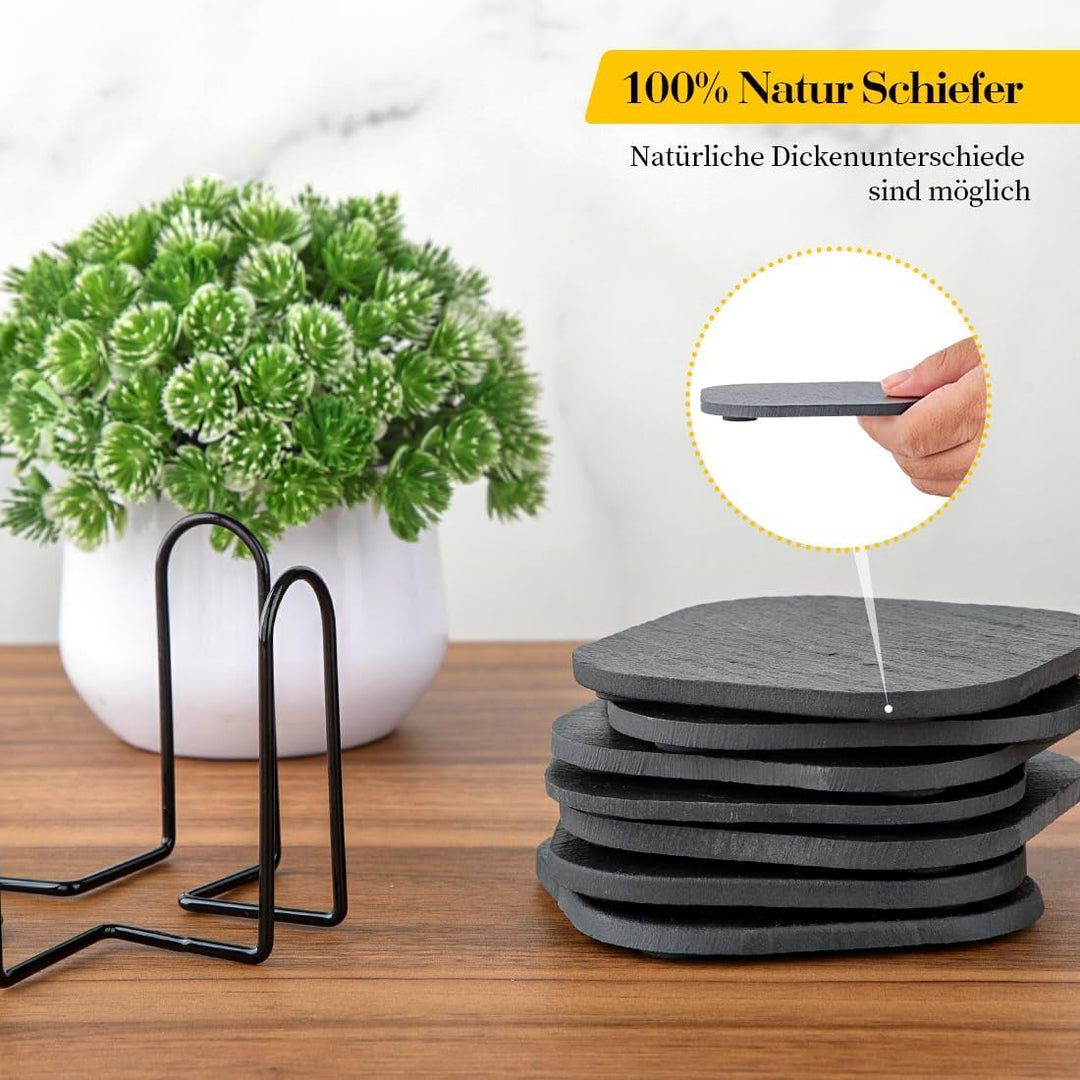 Schiefer Untersetzer Set 8 Stück, 10 cm Runde Ecken Quadratisch Schiefer Untersetzer mit Halter, Unt