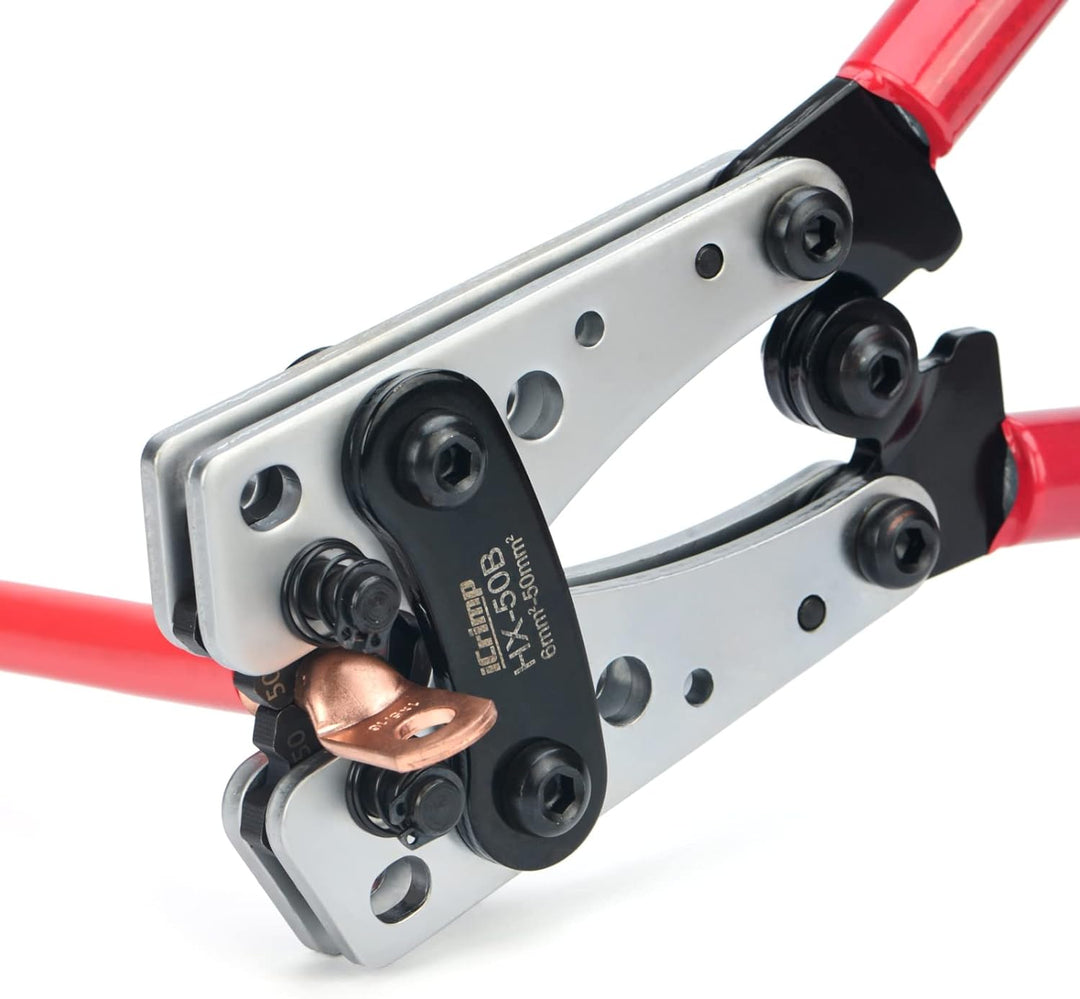 iCrimp Batteriekabelschuh Crimpzange, Kabelschuhzange für robuste Kupferschuhe und Flachstecker, Erd