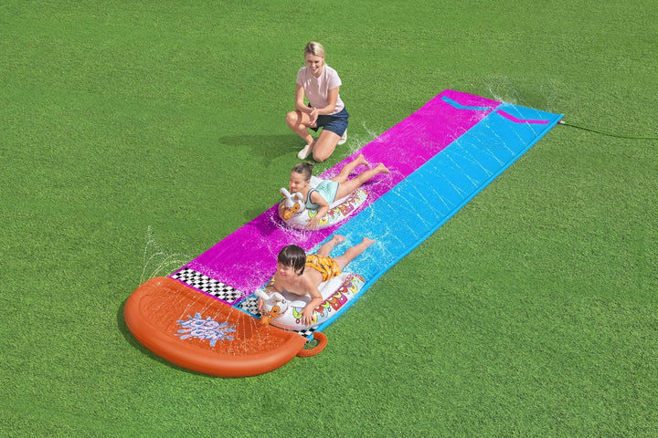 Bestway H2OGO!™ 2er-Wasserrutsche mit aufblasbaren Lama-Schwimmtieren, 487 x 138 cm