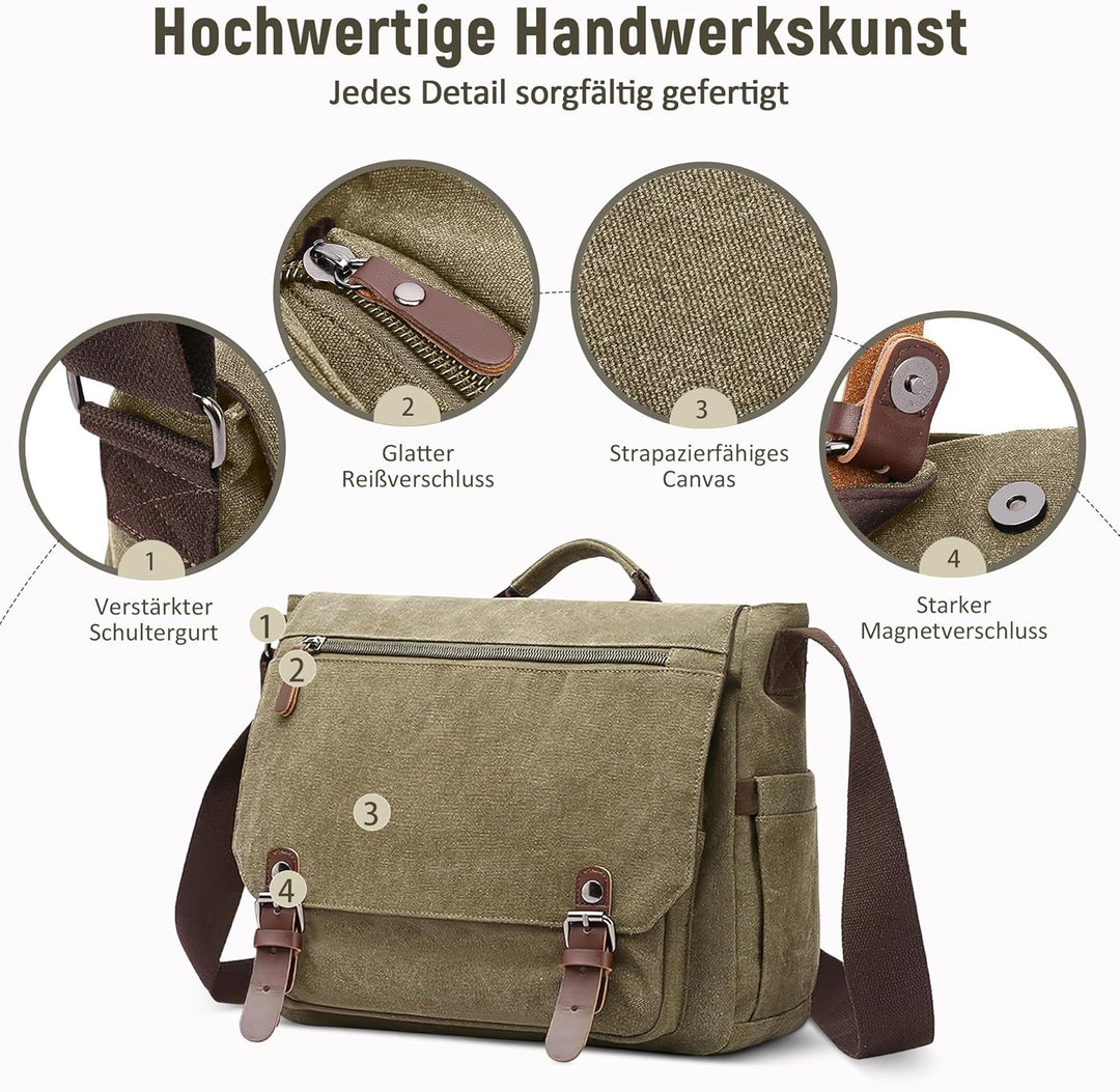 Herren Umhängetasche Gross Messenger Bag 14 zoll Laptoptasche für Herren mit Griff Vintage Schultert