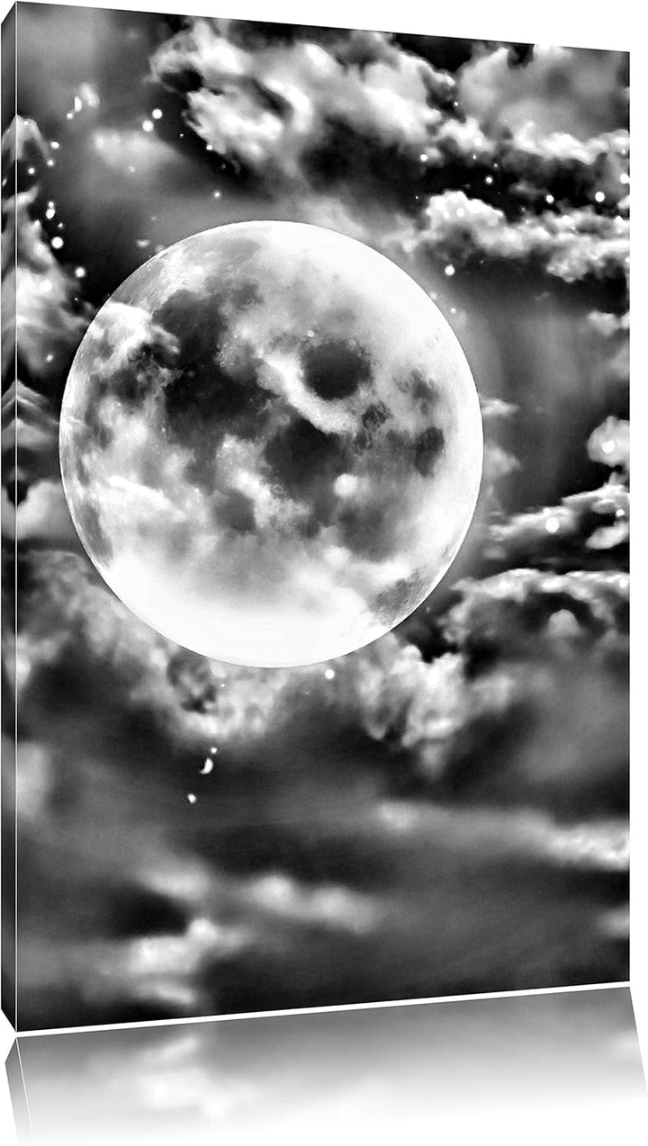Pixxprint Monocrome, Vollmond Unter Sternen und Wolken, Format: 100x70 auf Leinwand, XXL riesige Bil