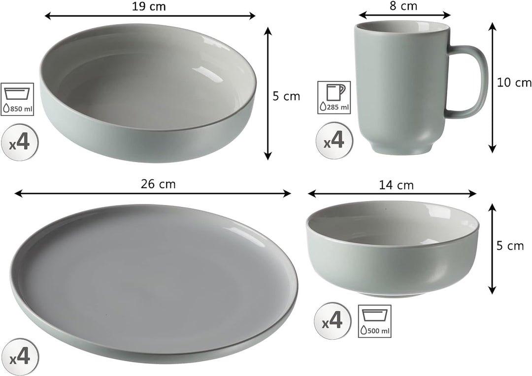 Ritzenhoff & Breker Kombiservice Jasper, 16-teilig, Mint-Grün, Steinzeug, Teller Schalen und Becher