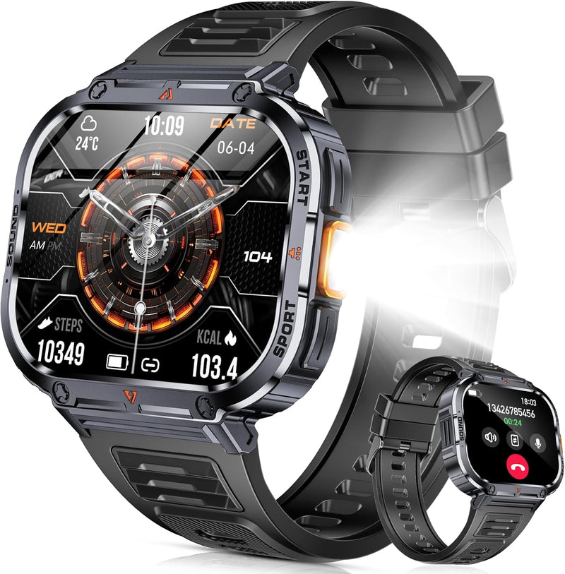 Smartwatch Herren mit Telefonfunktion, 2.0" HD Militär Uhr mit LED Taschenlampe/IP68 Wasserdicht, 10