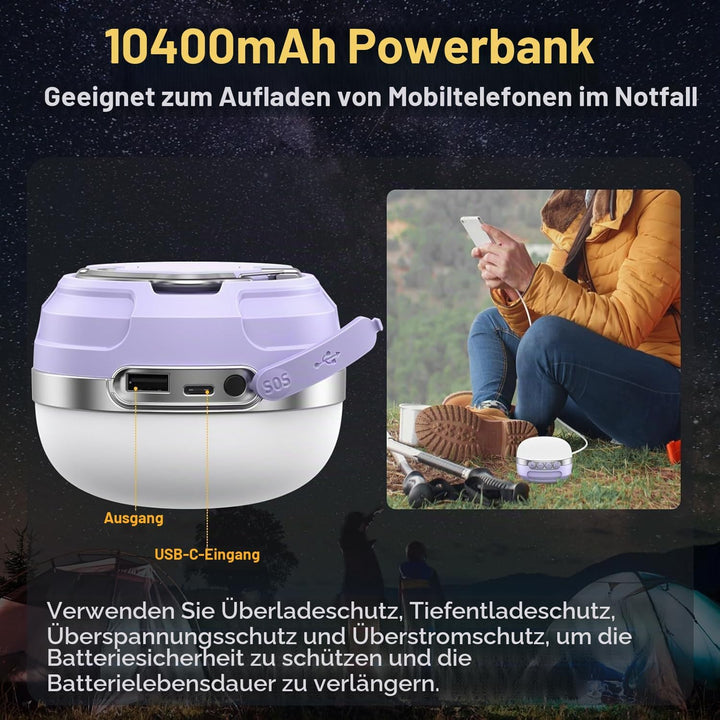 LED Campinglampe, 10400mAh Akku Aufladbar RGB Farblichtwechsel, Stufenlos Dimmbare, Magnetische Camp