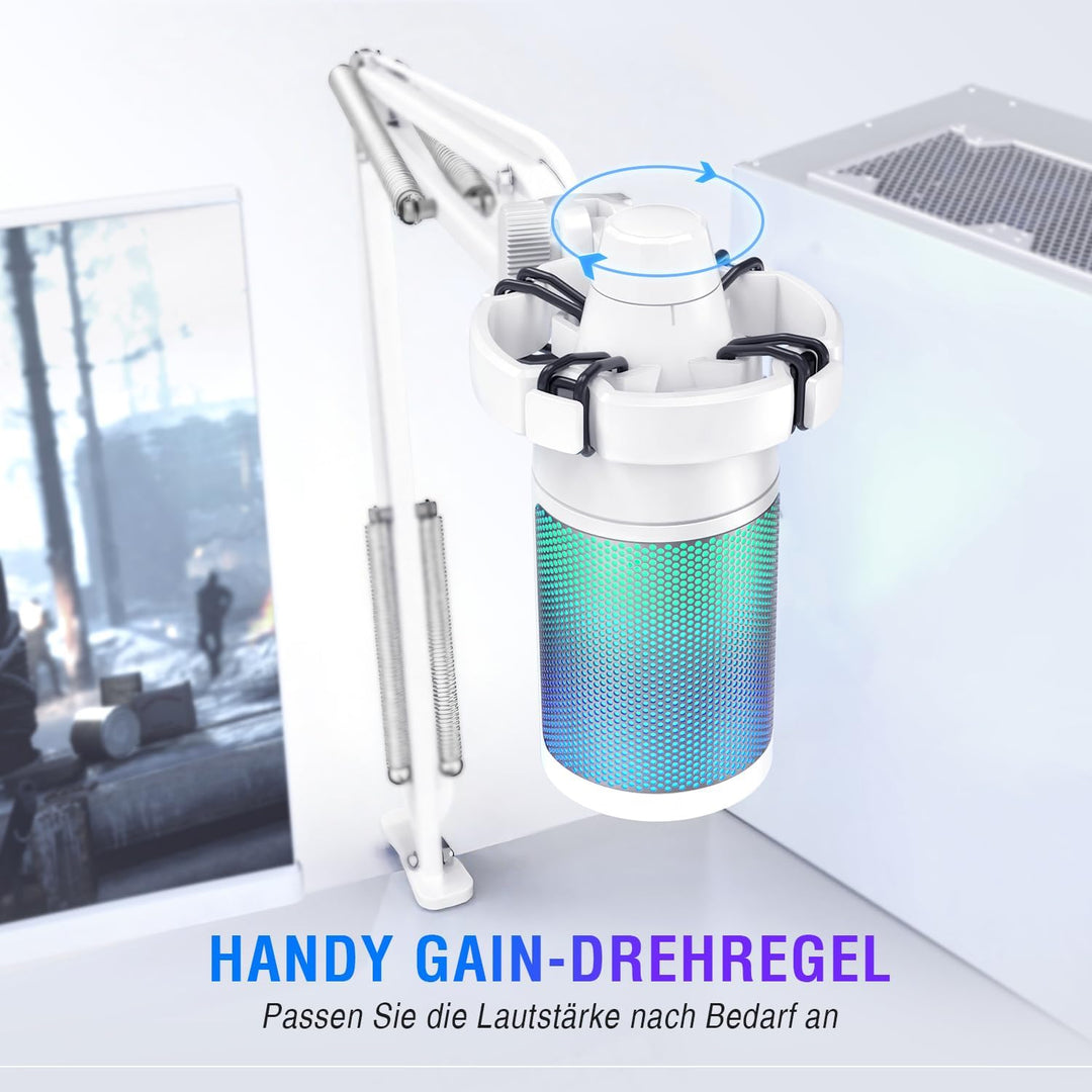 Fifine USB Mikrofon PC Gaming mit Arm, Microphone weiss für MAC PS4 PS5 mit Stummschalttaste, Popfil