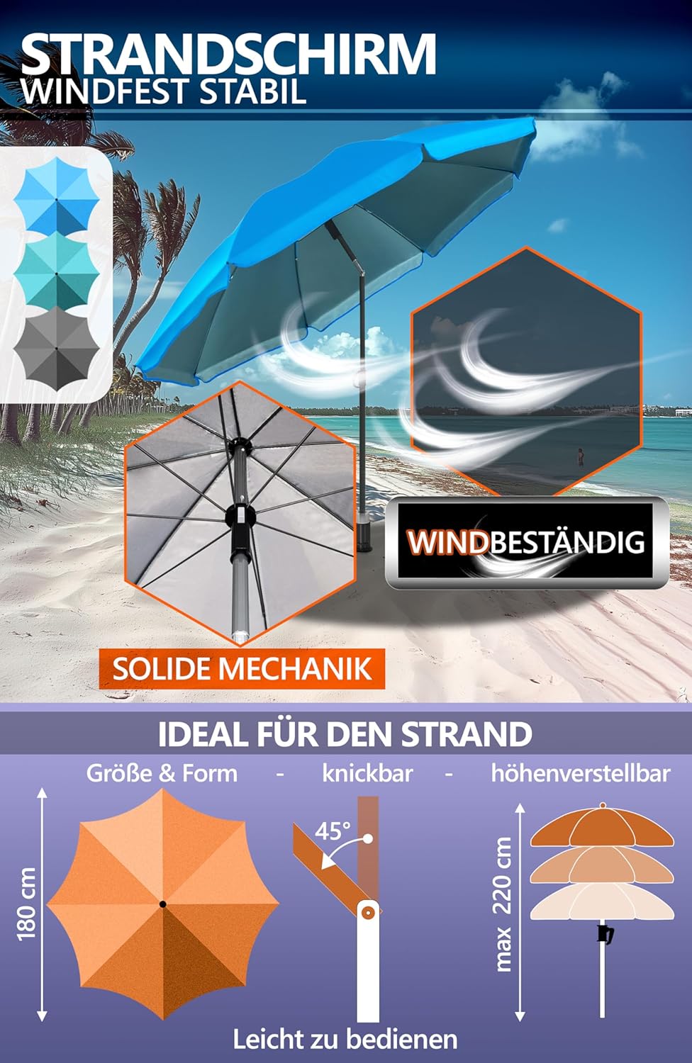 4smile Sonnenschirm Strand SunnyJoy Ø 180 cm, 3-IN-1 Set - UPF 50+ Strandschirm + Sonnenschirm Schut