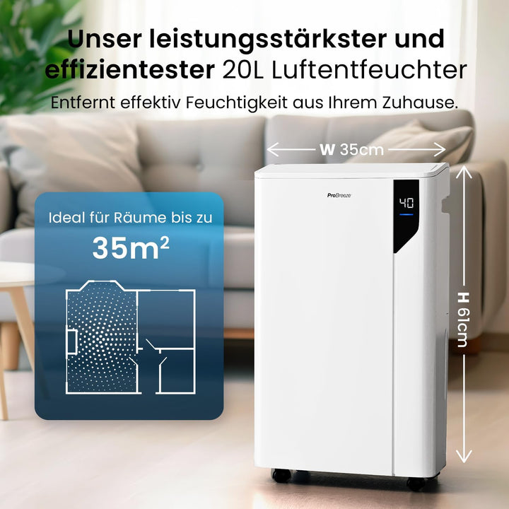 Pro Breeze Luftentfeuchter 20L in 24h Entfeuchtungsleistung - Luftentfeuchter elektrisch mit Wäschem