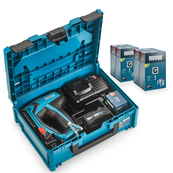 NOVUS TOOLS Akkutacker J-551 Koffer Set inkl. 25.000 Klammern │ metaBOX │ Kompatibel mit 18V Li-Ion