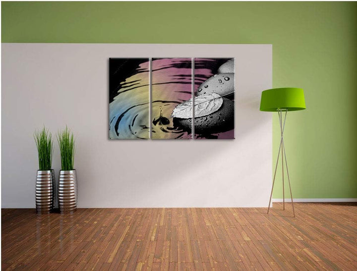 Blatt auf Zen Steinen im Wasser schwarz/weiss 3-Teiler Leinwandbild 120x80 Bild auf Leinwand, XXL ri