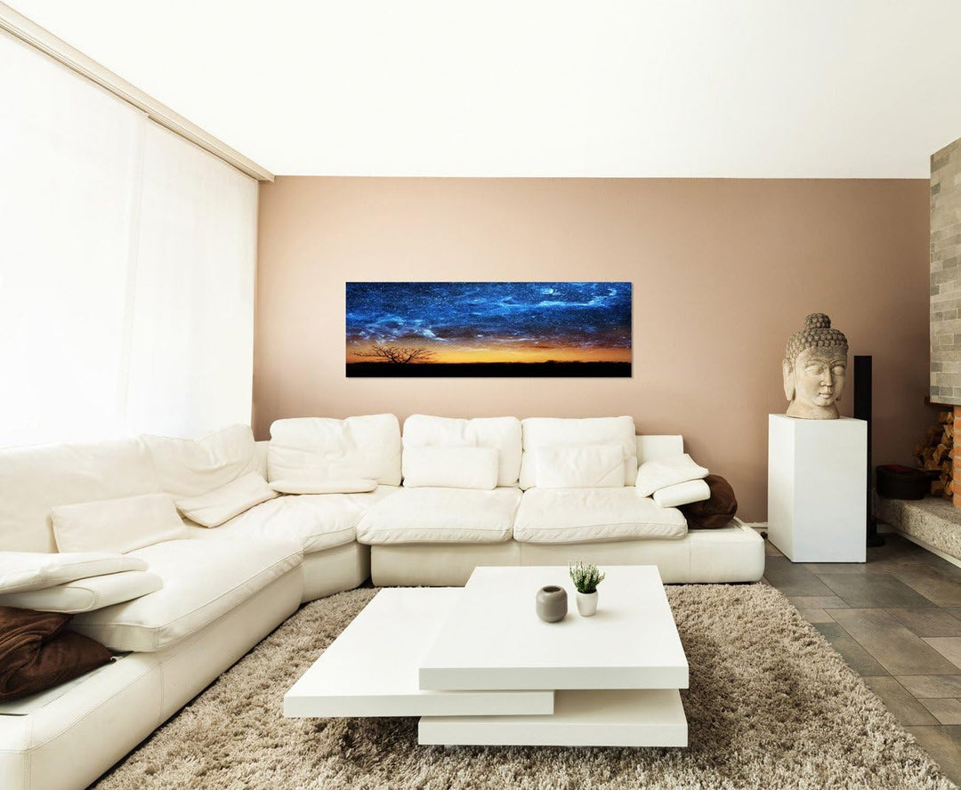 Paul Sinus Art Panoramabild auf Leinwand und Keilrahmen 150x50cm Wiese Baum Himmel Nacht Sterne