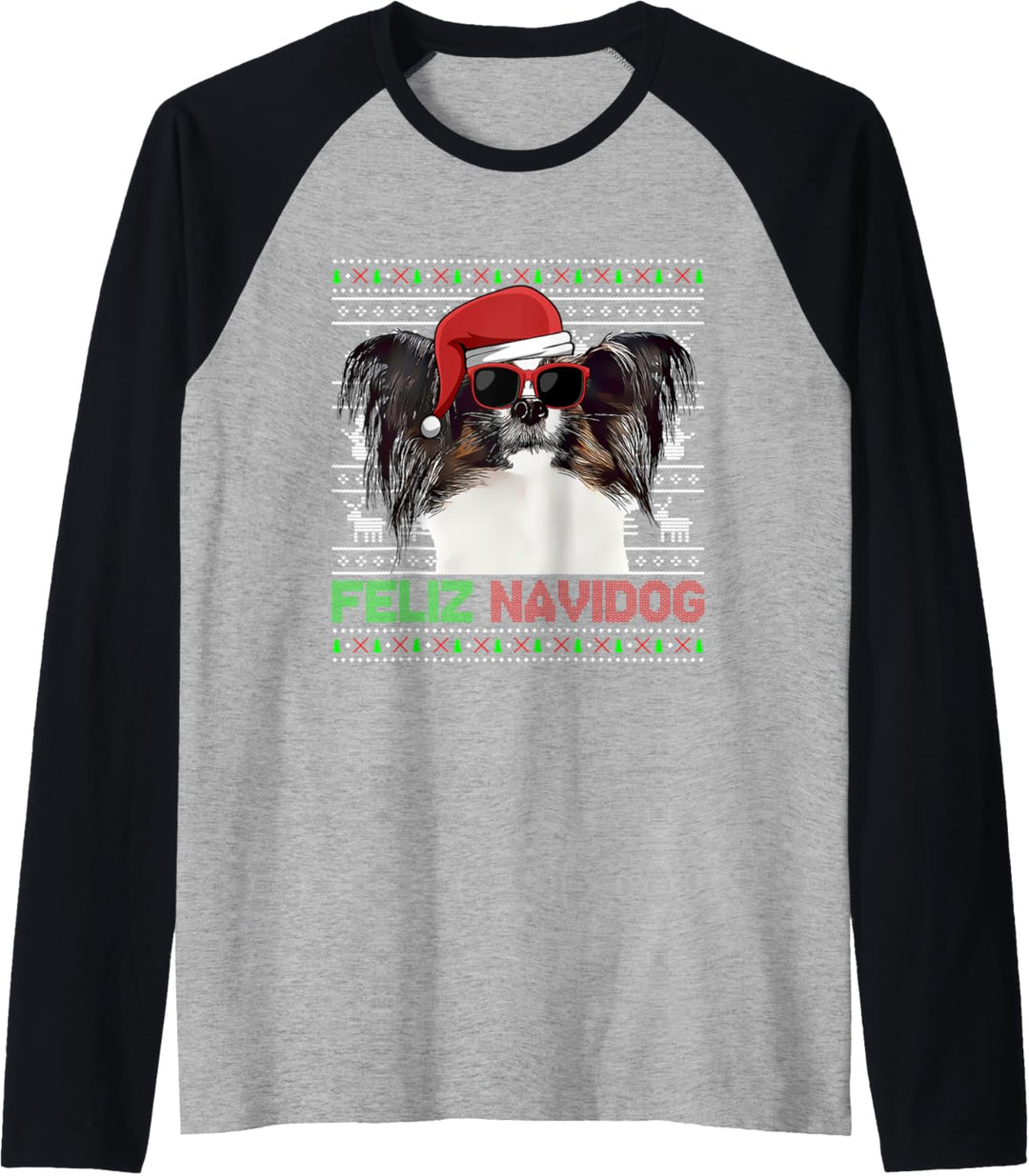 Papillon Hund Feliz Navidog Funny Christmas Raglan