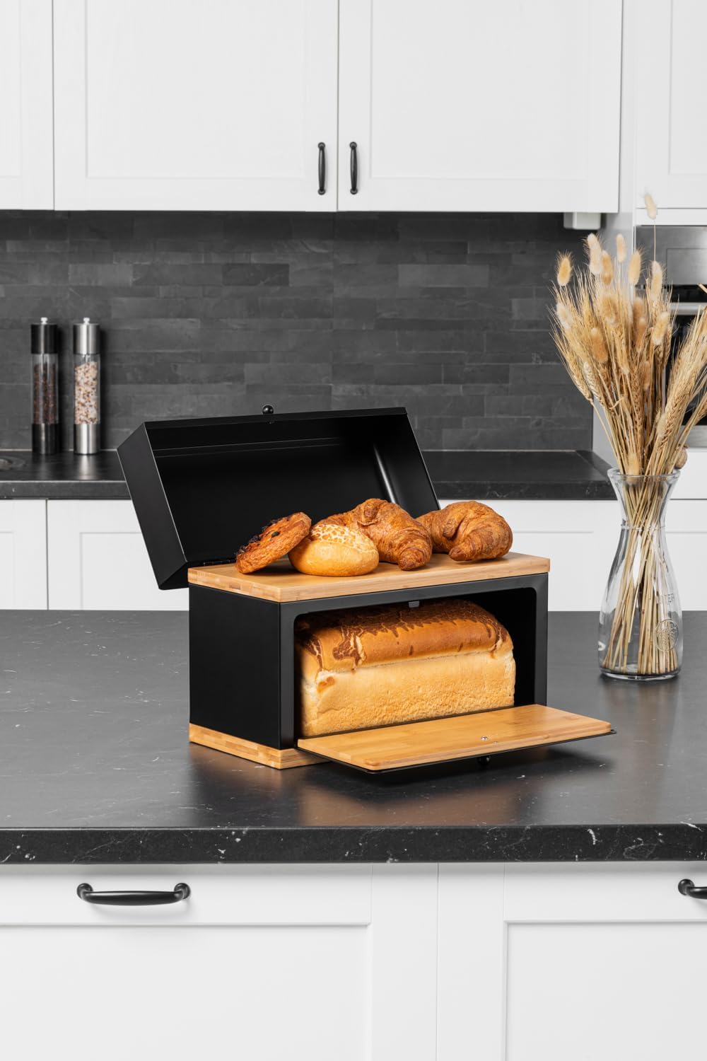 brotkasten schwarz - 2 Etagen Brotbox Metall Holz, Brotaufbewahrung für Küche, Brotbox mit Metall Br