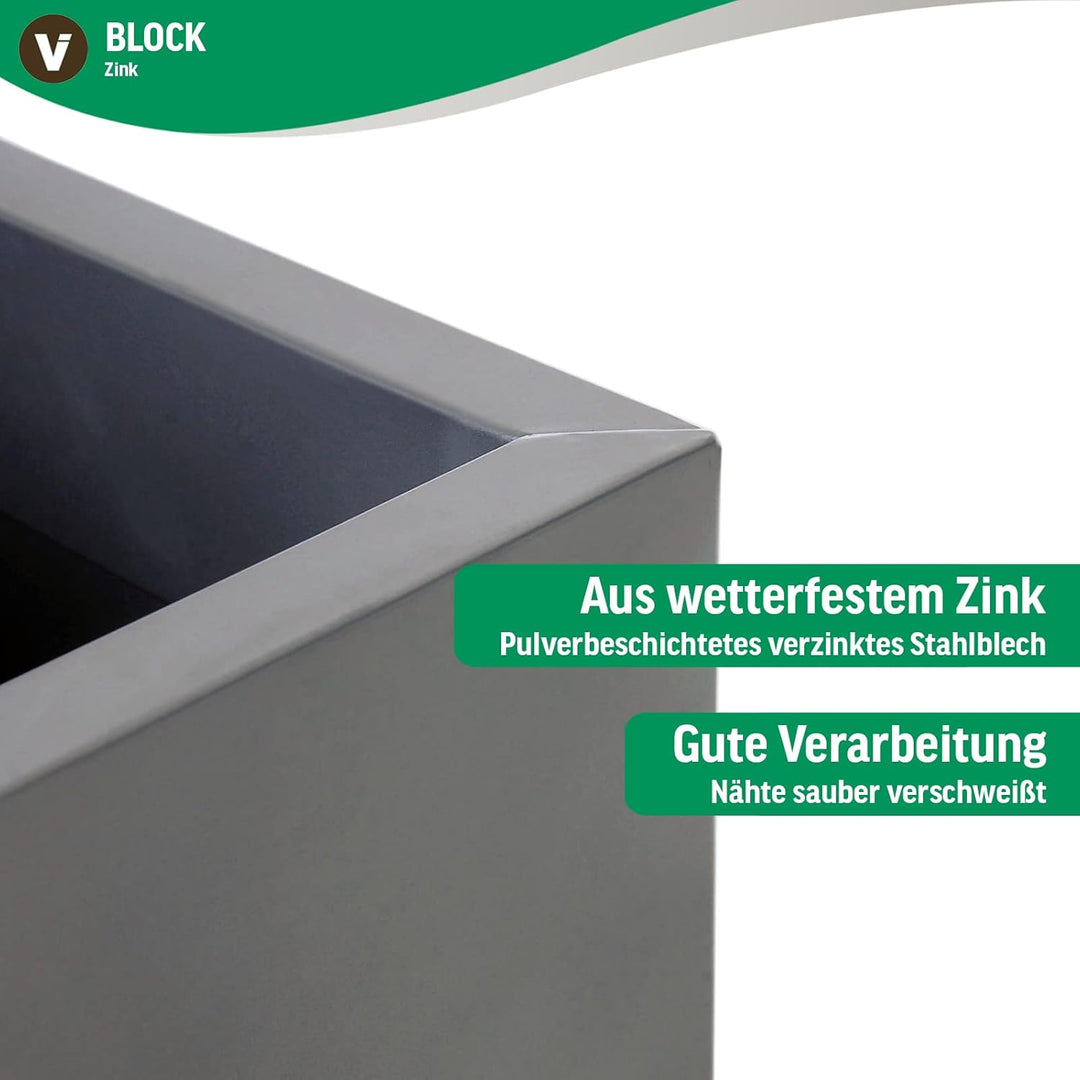 VIVANNO Einzel Zink Blumenkübel Block 100 cm Silber inkl. Bewässerungssystem, Silber