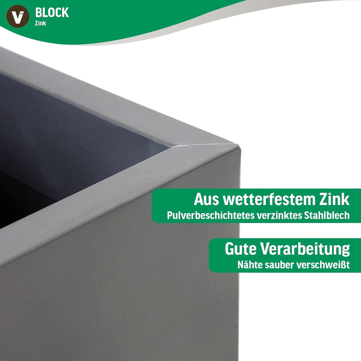 VIVANNO Einzel Zink Blumenkübel Block 100 cm Silber inkl. Bewässerungssystem, Silber