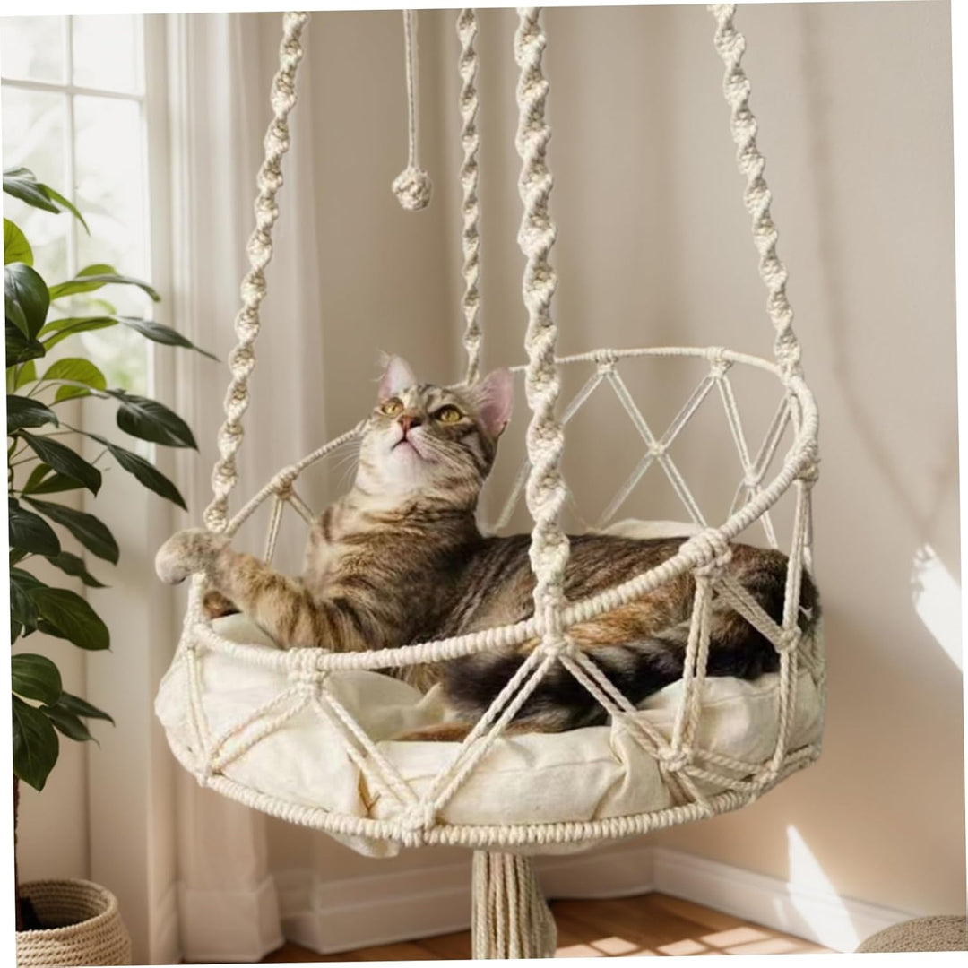 Makramee-Katzenhängematte mit Quaste und Seilball, Boho-Schaukelbett für Hauskatzen/16 x 51 Zoll