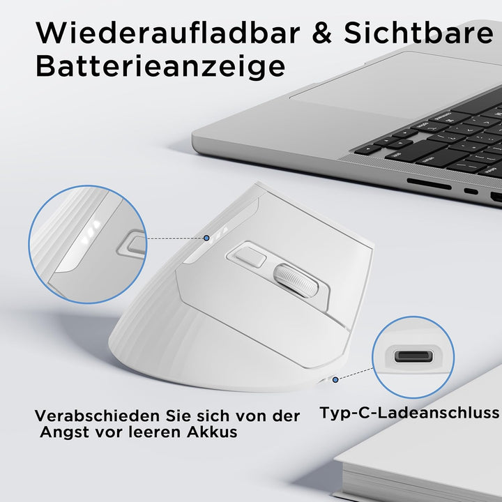 Uineer Vertikale Maus kabellos, 2,4G ergonomische Maus mit Akkuanzeige, 4 Stufen DPI, computermaus f