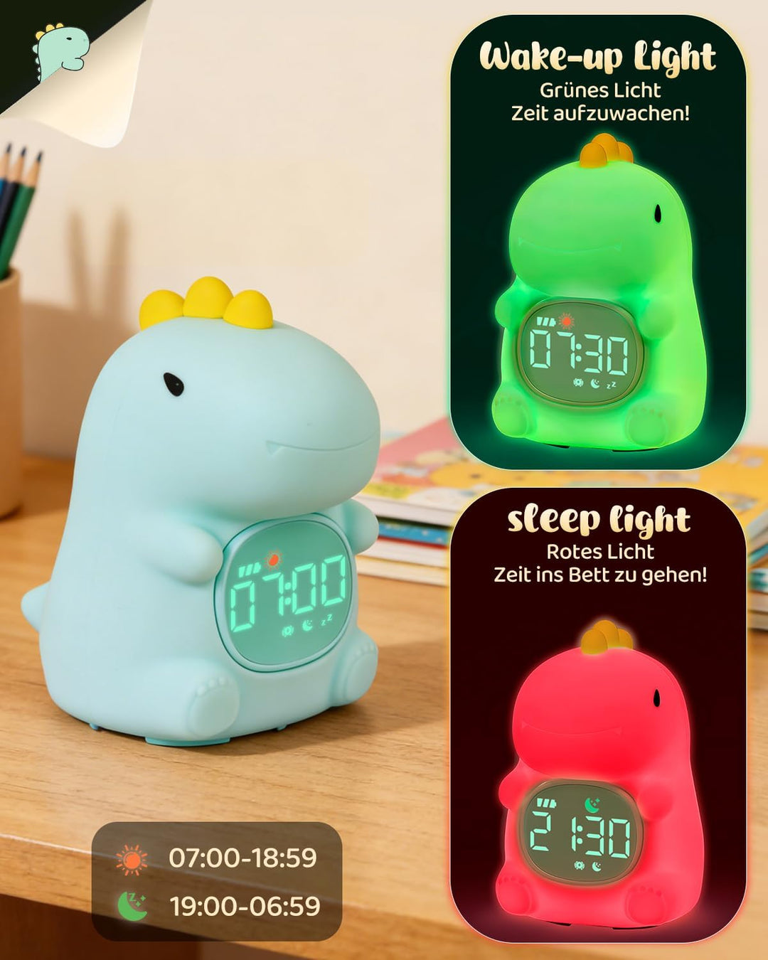 Yiliaw Dinosaurier Kinderwecker mit Nachtlicht – Schlaftrainer & Aufwachuhr, wiederaufladbare Siliko