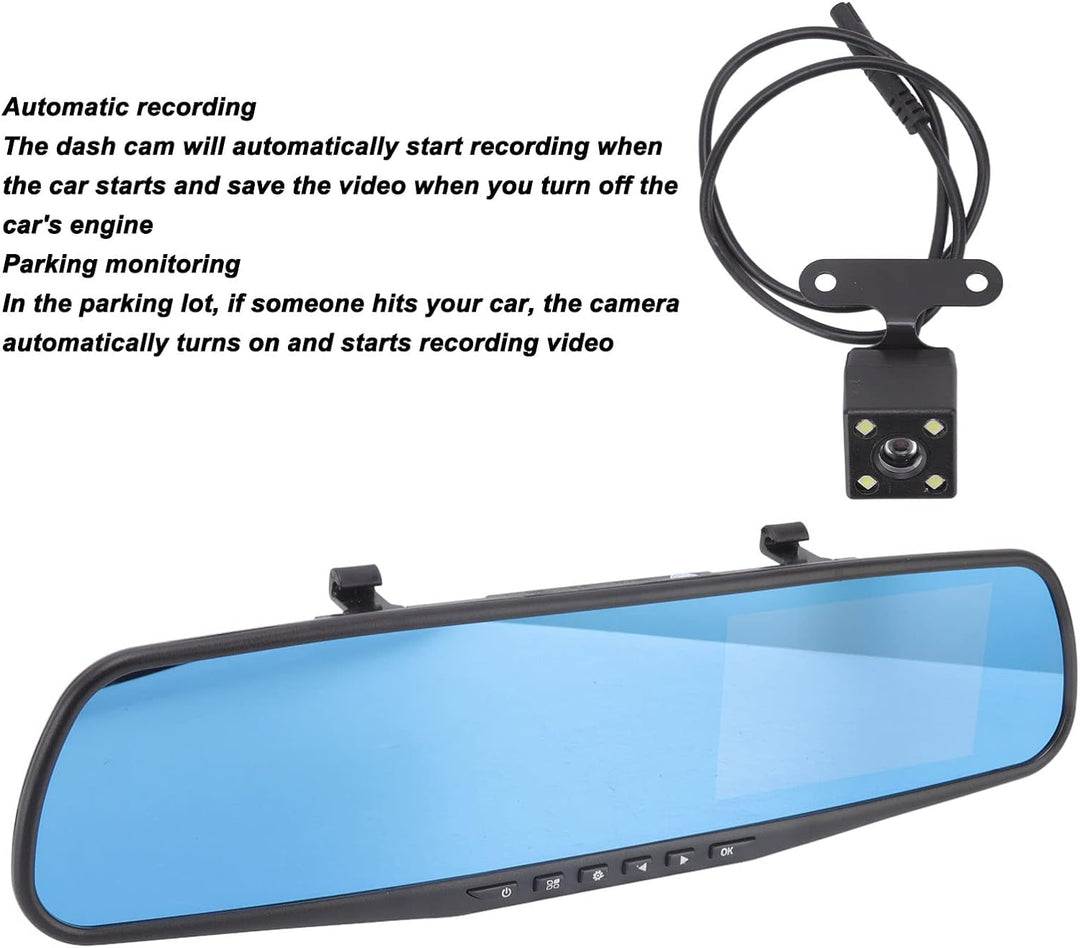 Spiegel-Dashcam für Auto, 4,3-Zoll-Rückspiegelkamera, LCD-Vollbild, 1080p-Loop-Aufzeichnung, Rückfah