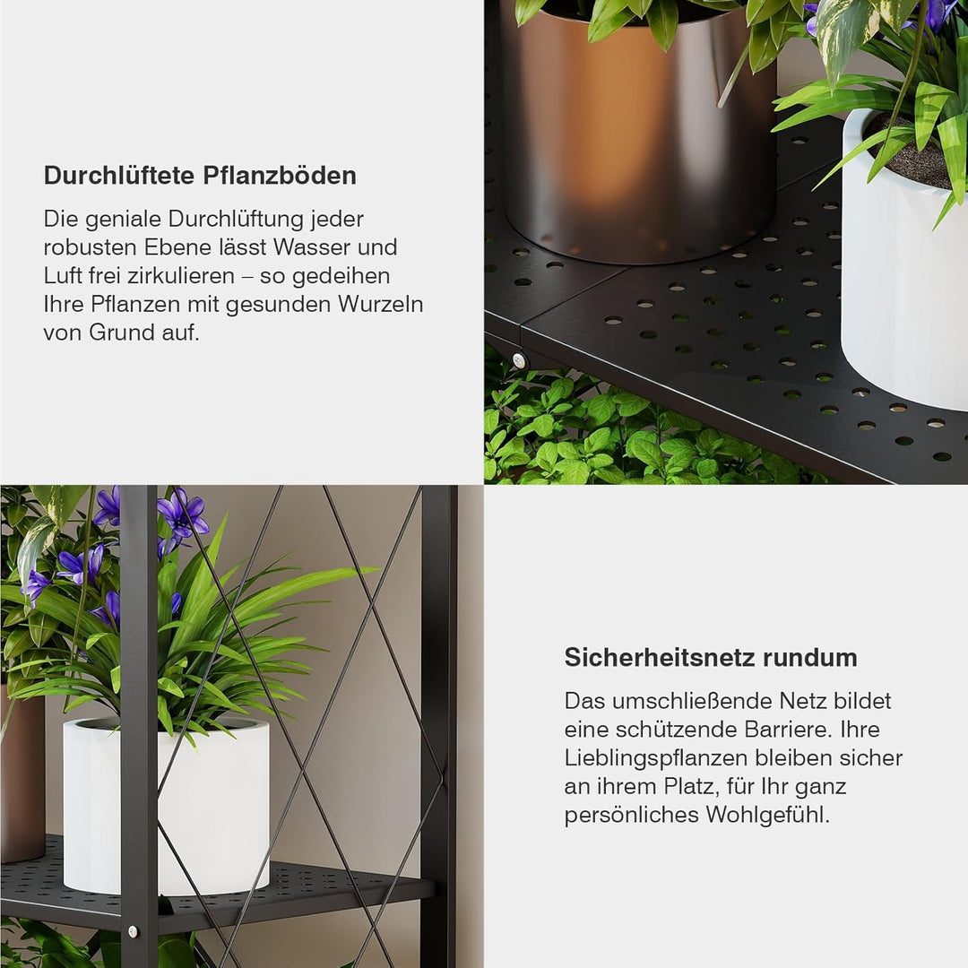 ALANNG Blumenständer mit Rädern, 3 Ablagen Stabiler Pflanzenständer, Metall Pflanzenregal Indoor Ein