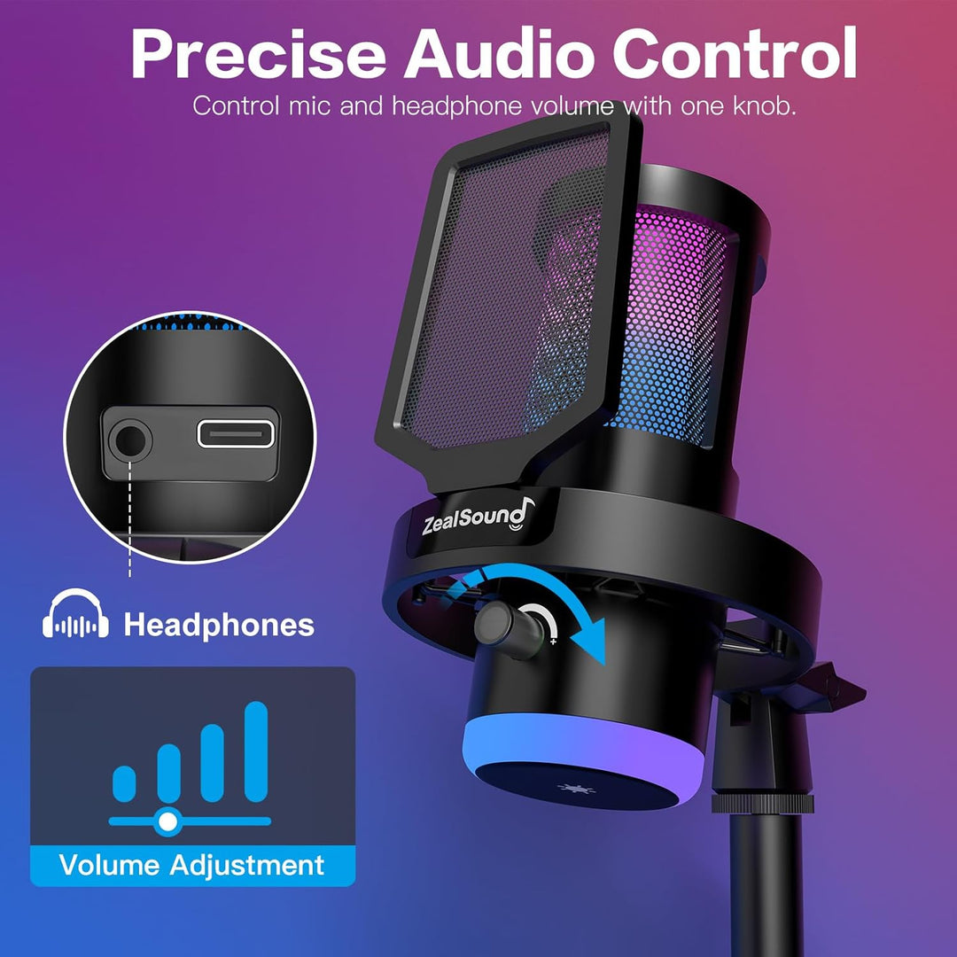 zealsound Kabellos USB Kondensator Mikrofon für PC Laptop & Handy, RGB Desktop Gaming Mikrofon, 24Bi