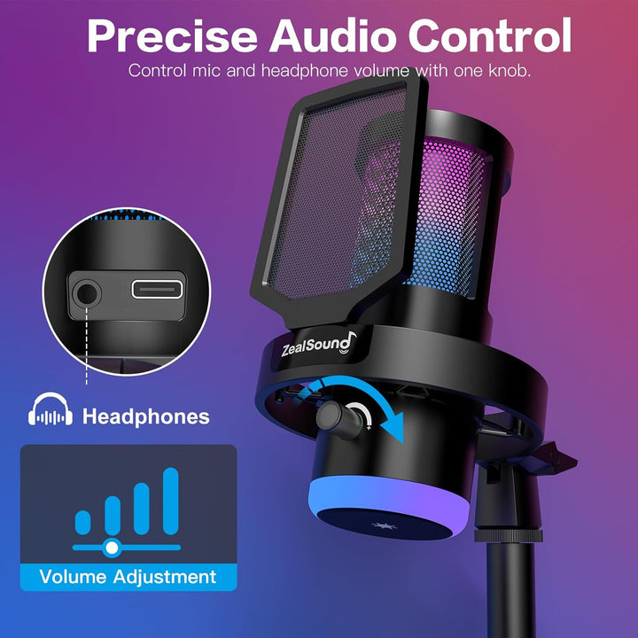 zealsound Kabellos USB Kondensator Mikrofon für PC Laptop & Handy, RGB Desktop Gaming Mikrofon, 24Bi