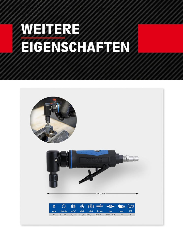 BRILLIANT TOOLS Stabschleifer Druckluft BT160701 20.000 U/min I Geradschleifer abgewinkelt mit Drehz
