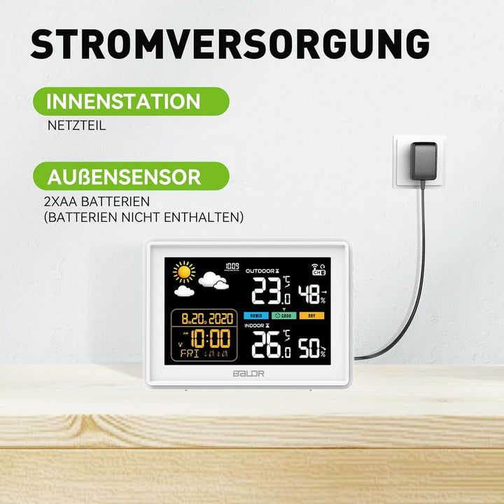 Konsen Wetterstation funk mit Aussensensor DCF Funkuhr, Farbdisplay mit grossen Zahlen von Innen und