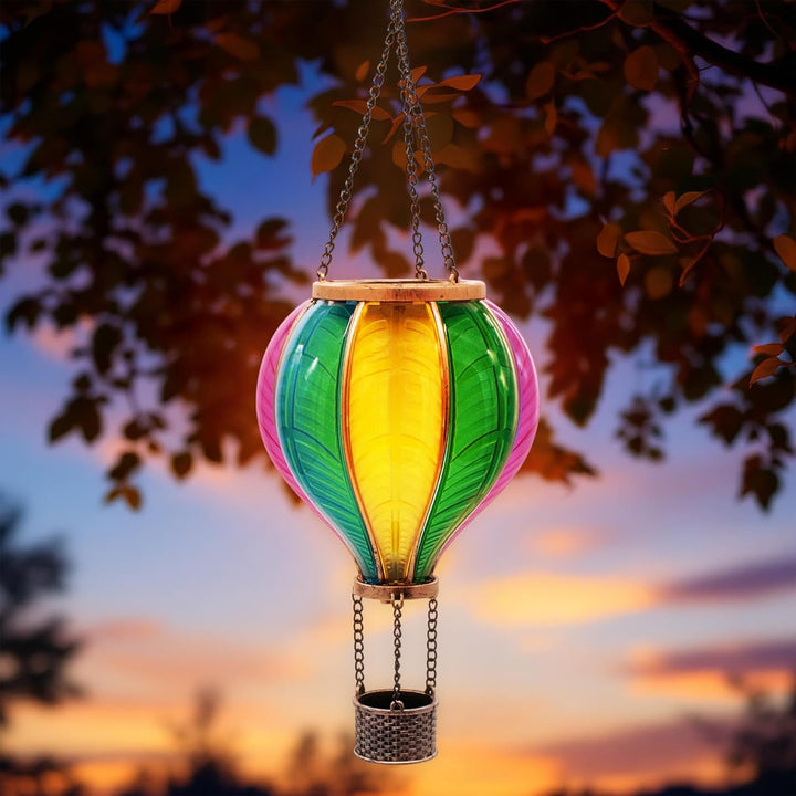Solar LED Heissluftballon Lampe bunt zum Hängen - 45 cm - Garten Lichtspiel mit Flammen Effekt warm