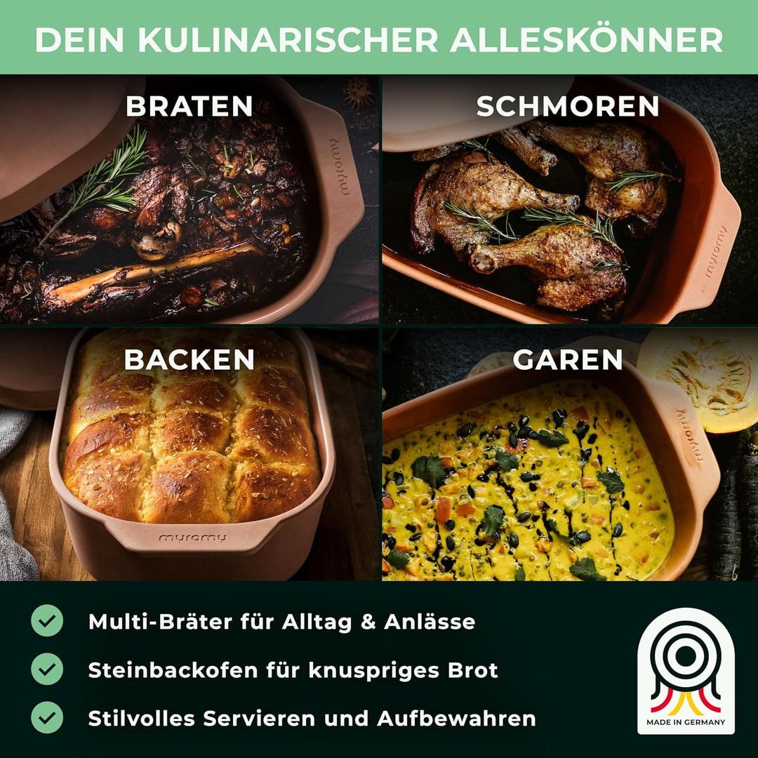 myromy® Bräter, Schmortopf & Brotbackform aus Keramik Natur-Ton: Bratentopf, Dampfgarer & Backform,