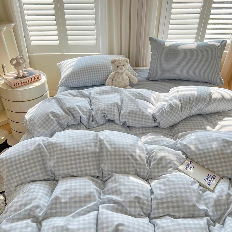 Koudi Kariet Bettwäsche 100x135 Blau Weiss Karomuster Bettbezug Set Mädchen Mikrofaser Wende Bettwäs