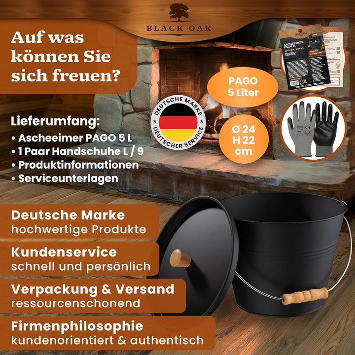 BLACK OAK Ascheeimer PAGO 5L - schwarz mit Deckel & Holz-Griff + Handschuhen - 5L gross Stahl feuerf