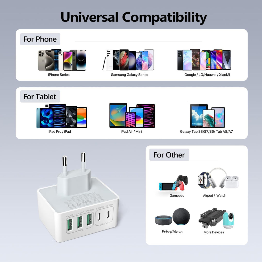 USB Ladegerät Mehrfach ladestation(2er Pack), USB stecker 50W 5 Ports Schnellladegerät PD 3.0 Power