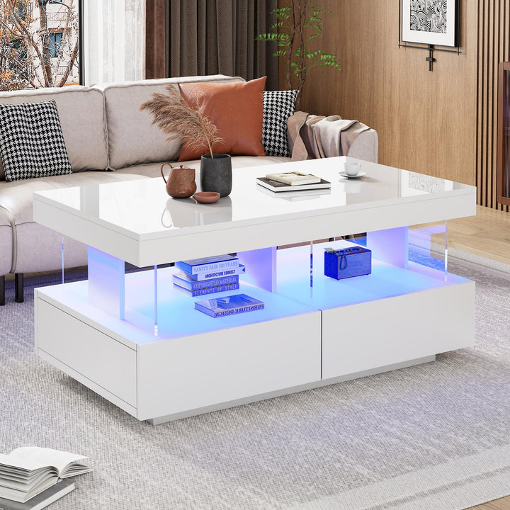 Merax Couchtisch Hochglanz mit LED, Moderner Wohnzimmertisch mit Stauraum Schubladen, Multifunktiona