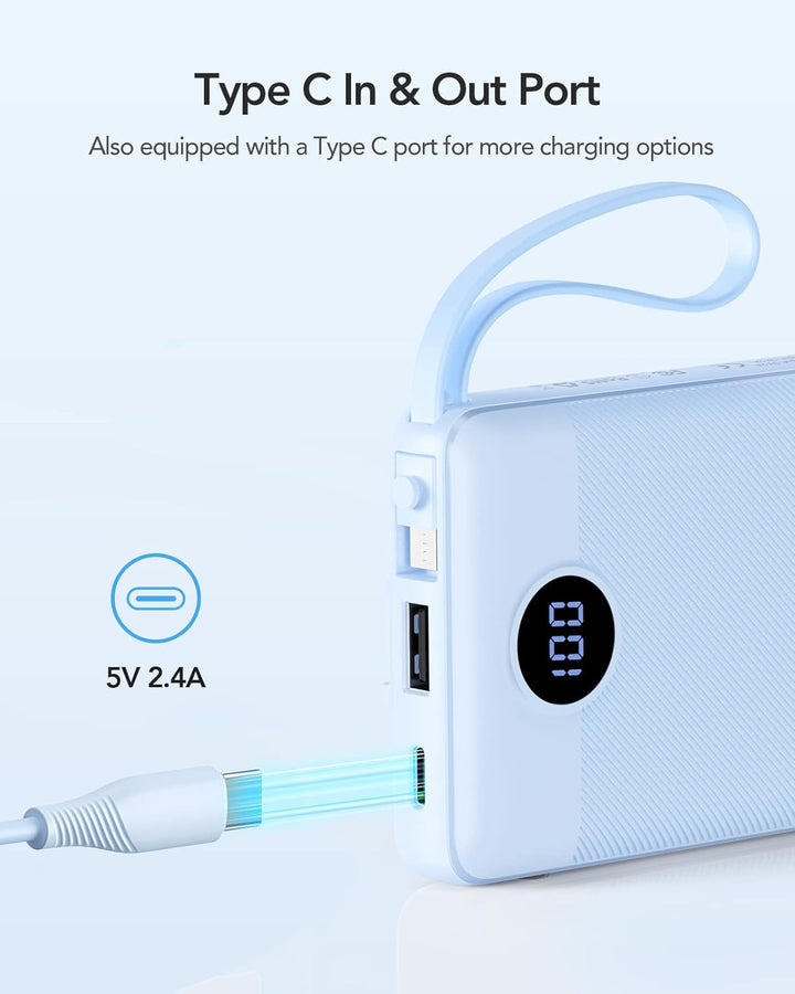 VRURC Powerbank 10000mAh mit Kabel, Power Bank Tragbares Ladegerät USB C Externer Handyakkus LED Dis