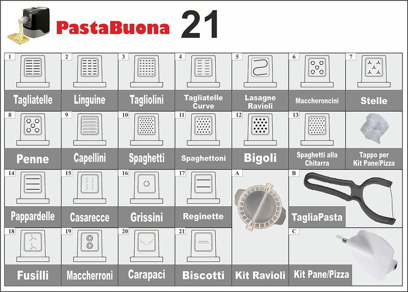 Sirge Pastabuo21 Pizza-Brot 21 Trafile – 260 Watt – 0,72 kg Teig – für alle Mehlsorten auch glutenfr